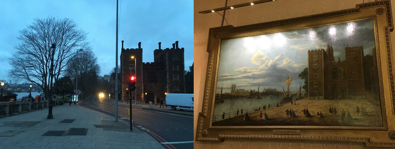 Contemporary photograph and historic painting of Lambeth Palace beside the River Thames in London Contemporary photograph and historic painting of Lambeth Palace beside the River Thames in London