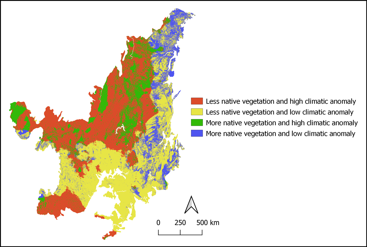 Map of the Cerrado region of Brazil, comparing native vegetation and climate anomalies Map of the Cerrado region of Brazil, comparing native vegetation and climate anomalies