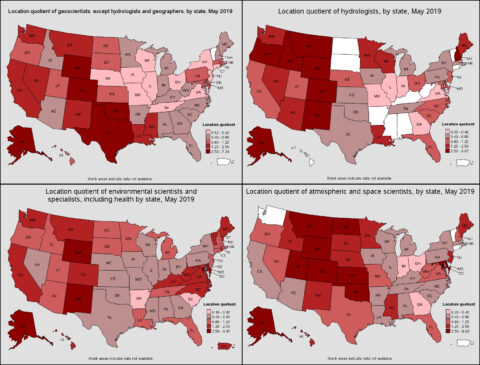 Maps showing the state-by-state distributions of geoscientists, hydrologists, atmospheric and space scientists, and environmental scientists in the United States Maps showing the state-by-state distributions of geoscientists, hydrologists, atmospheric and space scientists, and environmental scientists in the United States