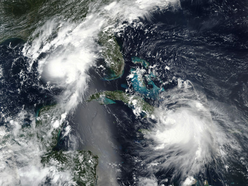 Satellite image of storms Laura and Marco in the Caribbean and Gulf of Mexico