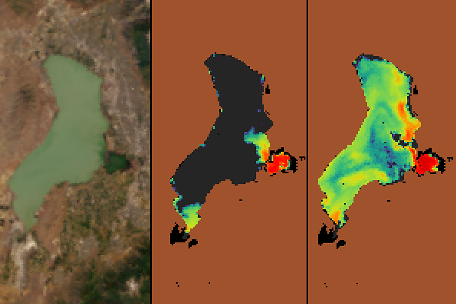 Figure showing Utah Lake as seen by satellite in true color and with satellite-derived data of cyanobacteria concentrations