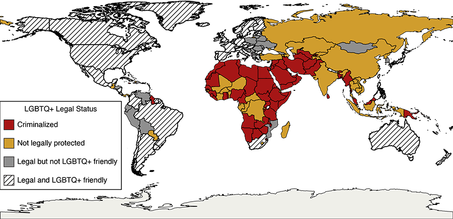 A map showing areas in the world where LGBTQ+ status is criminalized or not legally protected, as well as countries in which residents do not believe the country is a hospitable place for LGBTQ+ people.
