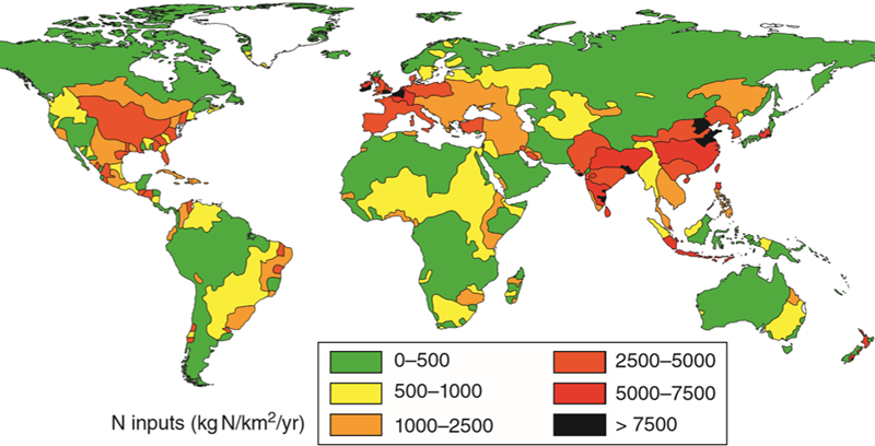 World map showing estimated net anthropogenic reactive nitrogen inputs to the main river basins around the world