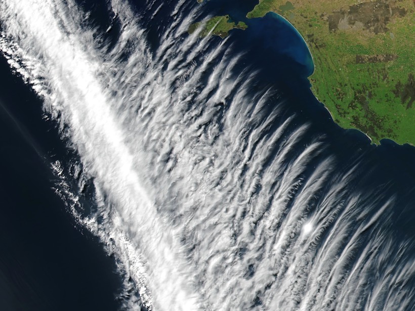Satellite image of gravity waves in tropospheric clouds off southern Australia in 2017