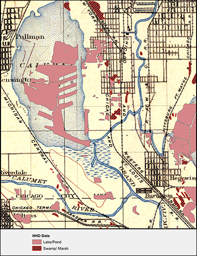 Map of Calumet Quadrangle with an overlay showing the change in wetlands area between circa 1900 and present day Map of Calumet Quadrangle with an overlay showing the change in wetlands area between circa 1900 and present day