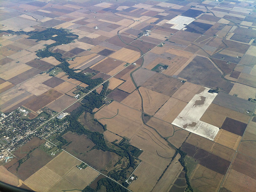 Aerial view of patchwork agricultural fields in Illinois