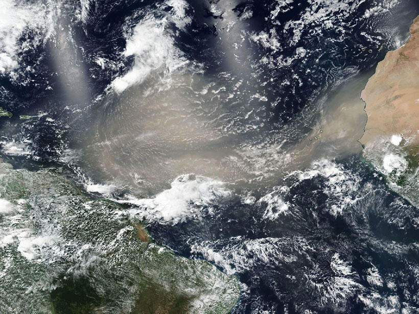 Satellite imagery showing a dust cloud spanning the tropical North Atlantic on 20 June 2020