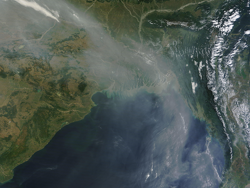 Haze covers portions of Bangladesh, eastern India, and the Bay of Bengal in this satellite image