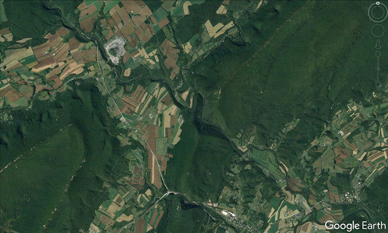Satellite image of forested areas and farmland in Pennsylvania