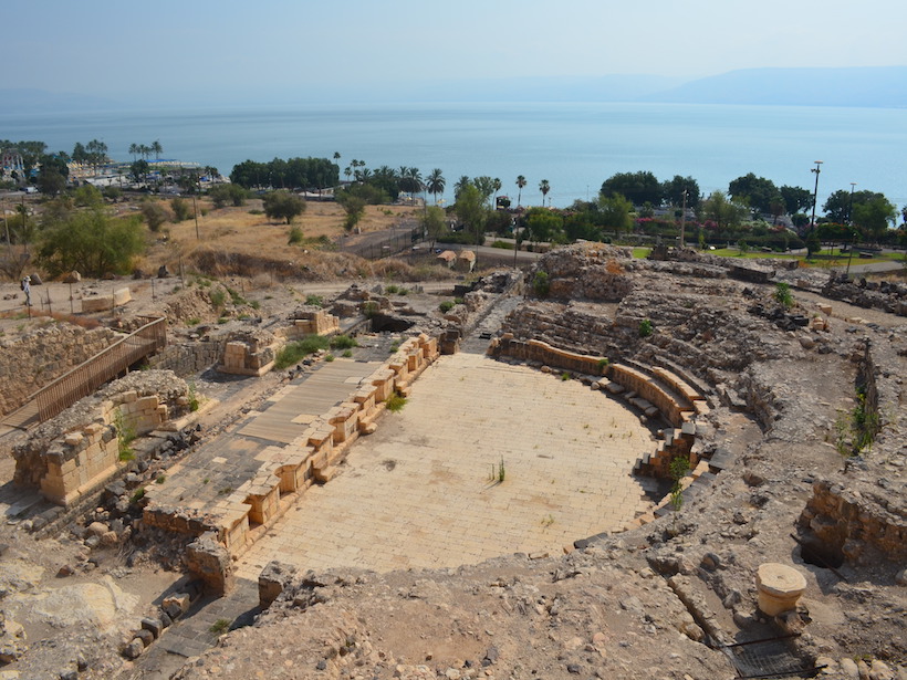 The ancient Roman theater of Tiberias looks out over the Sea of Galilee.