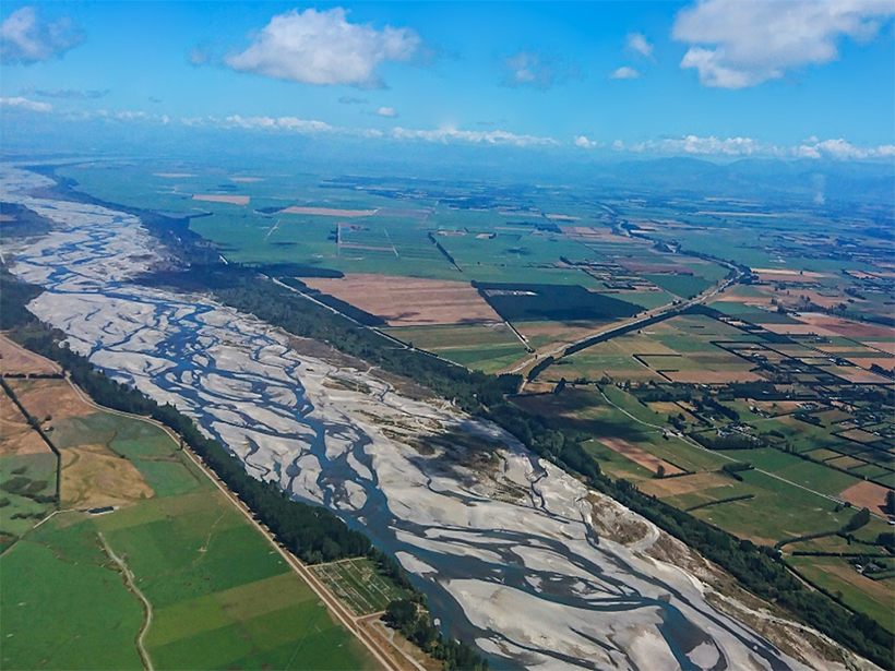 Aerial image of the braided channels of the Waimakariri River
