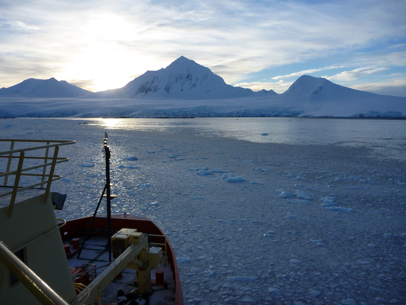View of sea ice and part of the West Antarctic Peninsula from just offshore, with the bow of a research ship in the foreground