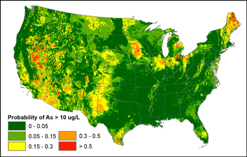 Map of United States showing probability of groundwater exceeding 10 micrograms per liter Map of United States showing probability of groundwater exceeding 10 micrograms per liter