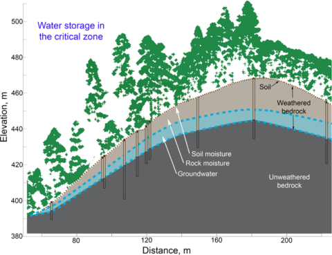 Diagram of a hillslope and hydrologic profile from the Eel River Critical Zone Observatory