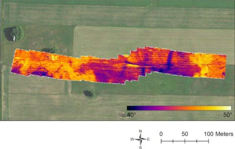 Aerial view of the study site in Kewaunee County partially overlaid with images from a thermal camera