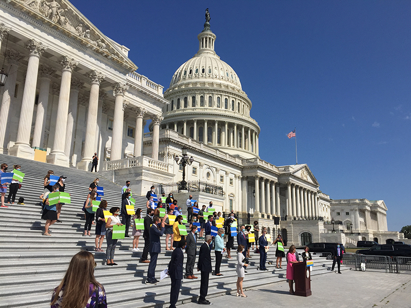 House Speaker Nancy Pelosi speaks in front of the U.S. Capitol building in Washington, D.C., during the June 2020 release of the Select Committee on the Climate Crisis majority staff report, joined by Rep. Kathy Castor, the chair of the committee.