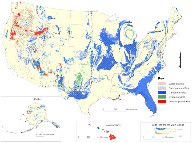 Map of karst geology in the United States, with the most common types being carbonate karst and aquifers, which are especially common in the eastern United States, and volcanic pseudokarst, which appears mostly in the Pacific Northwest and throughout Hawaii