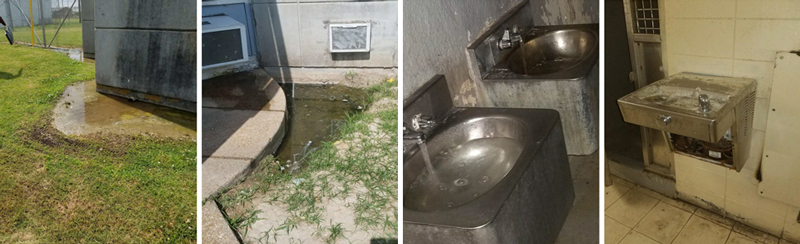 Four pictures from Parchman Farm that show water leaking and pooling outside the building and broken sinks and drinking fountains