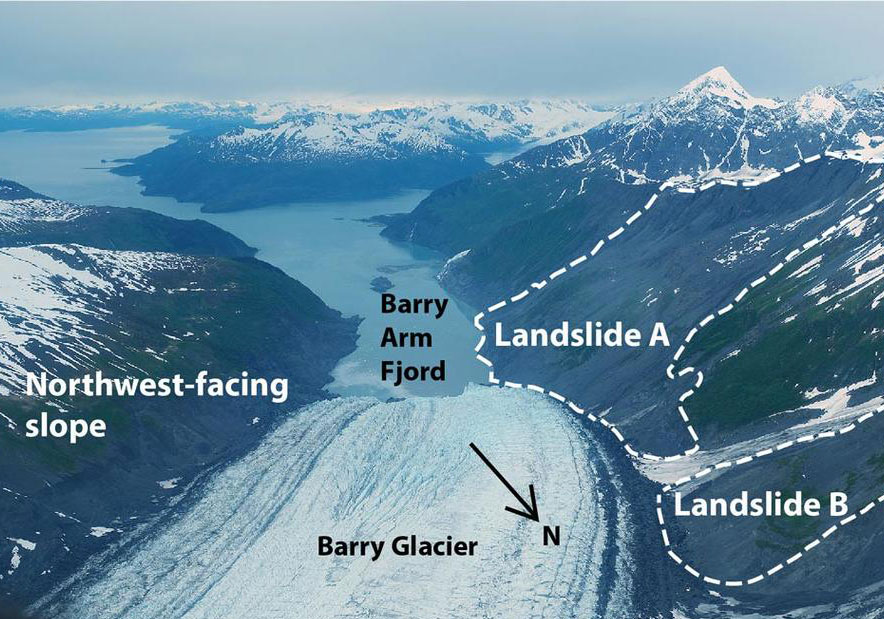 An image of slowly moving landslides above Barry Arm Fjord in Alaska An image of slowly moving landslides above Barry Arm Fjord in Alaska