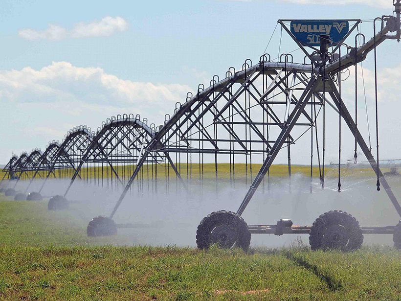 A farm field in southern Alberta, Canada, is irrigated