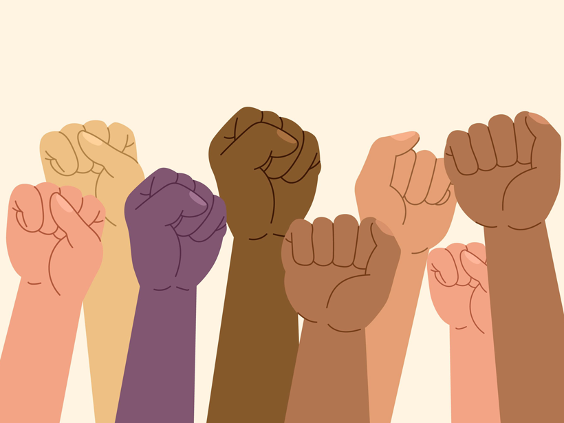 Illustration of eight raised fists