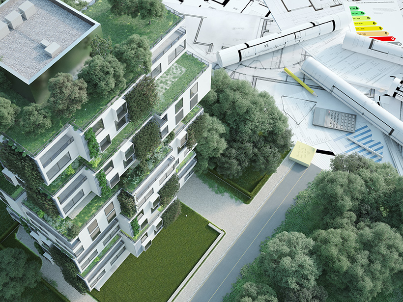 3D rendering of a sustainable modern apartment building with blueprints