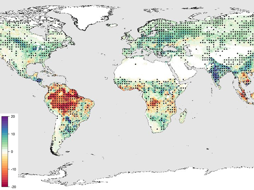 World map showing trends of gross primary productivity, increasing in the northern latitudes and decreasing in the tropics