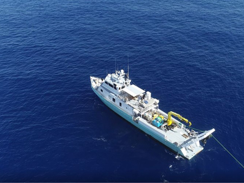 Drone photograph of research vessel offshore Malta collecting geophysical data to map offshore freshened groundwater systems