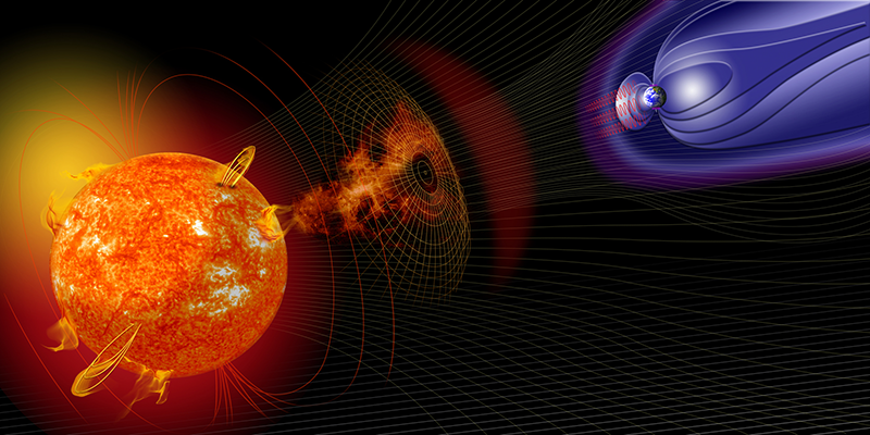 An artist’s rendering of a solar flare leaving the Sun and approaching Earth