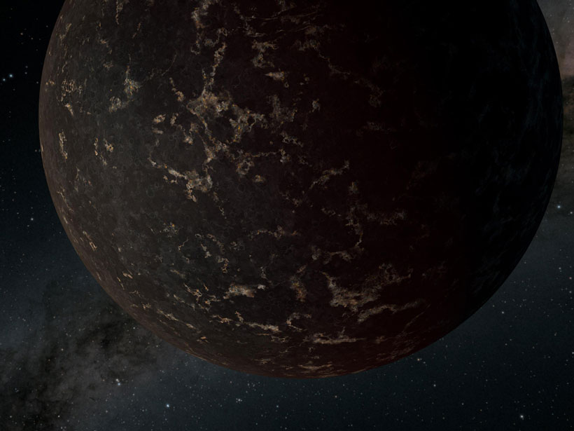 A dark, rocky exoplanet in front of a starry background