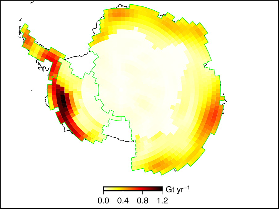 Map of mass rate changes across the Antarctic Ice Sheet