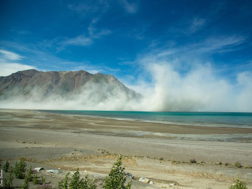Dust cloud over the Ä’äy Chù/Slims River formed by a retreating glacier in Yukon, Canada