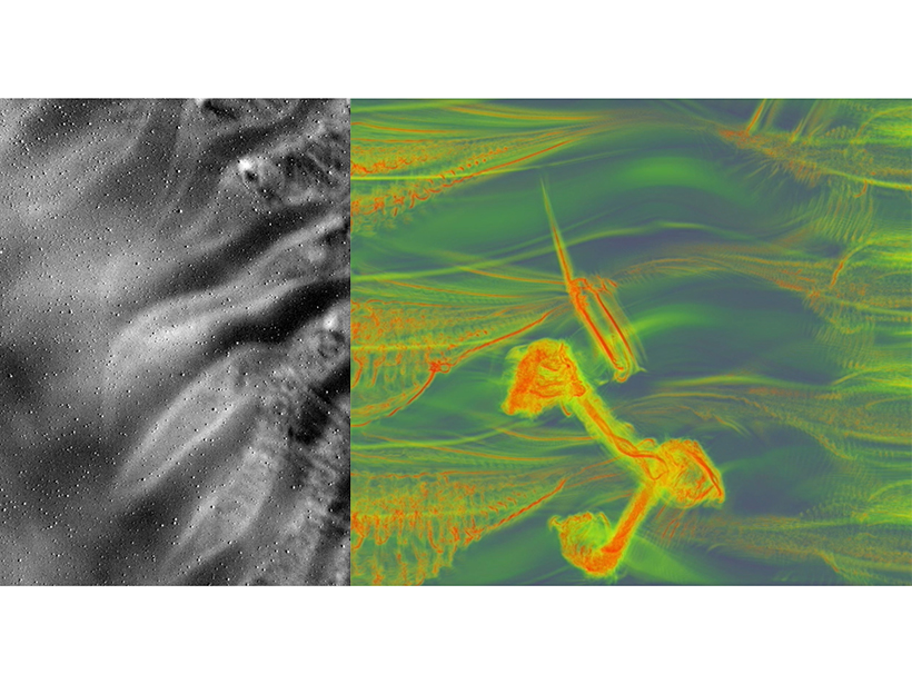Pair of images depicting Kelvin-Helmholtz instabilities disturbed by background atmospheric gravity waves in the atmosphere (left) and in a simulation (right)