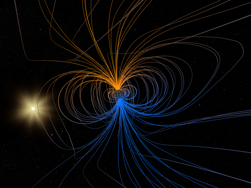 A graphic in space showing Earth’s magnetic field lines with the sun in the background.