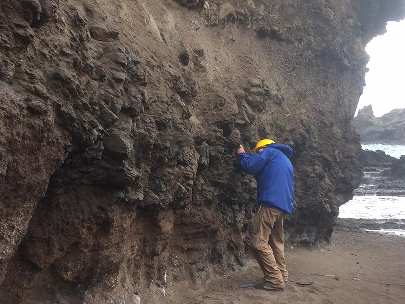 A researcher looks closely at a rocky cliff near the shoreline on Saint Helena.