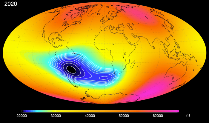 A map of magnetic intensity showing Earth’s South Atlantic Anomaly