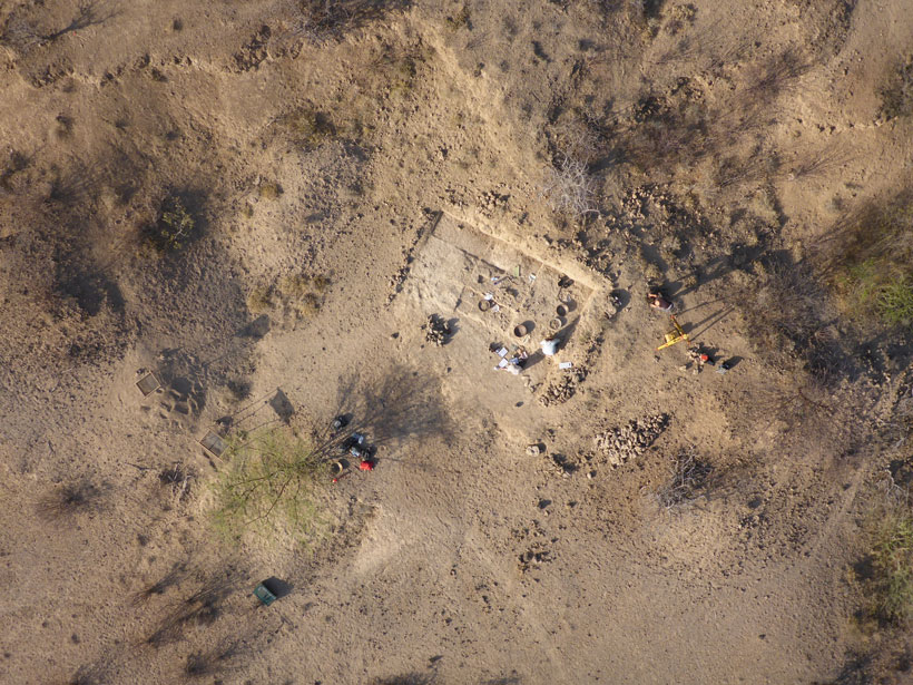 Aerial photo of a squared-off archaeological dig