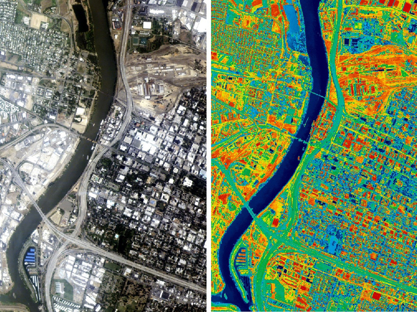 Visible-light and thermal-infrared photos of Sacramento showing heat distribution