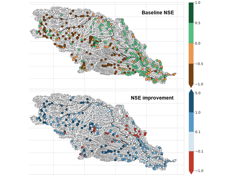 Two maps of the Missouri river basin showing estimates of river discharge in a hydrological model (top) and when the model incorporates satellite data (bottom).