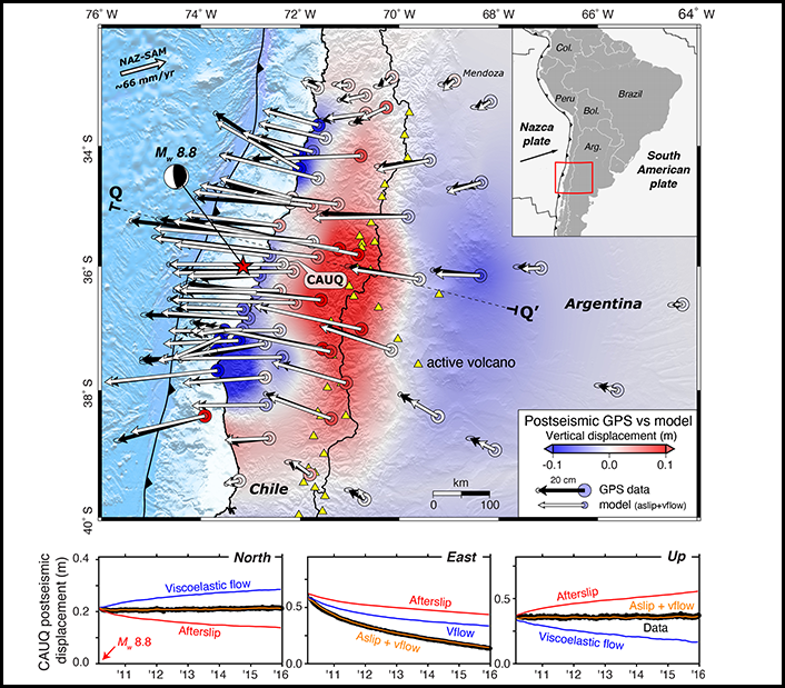 Map showing location, focal mechanism, and displacements for the 2010 Maule earthquake