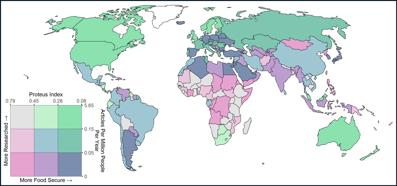 A map of the world color-coded to indicate a country’s level of food security and presence in food security literature.