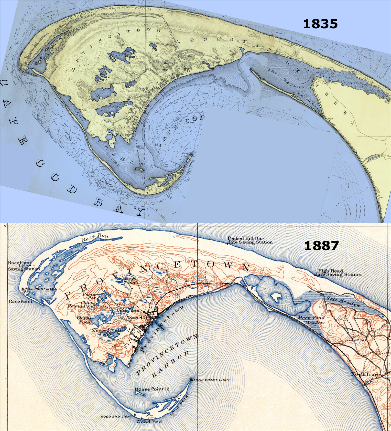 Two maps from 1835 and 1887 show the tip of Cape Cod before and after the East Harbor was sealed to build a railroad line to Provincetown. Two maps from 1835 and 1887 show the tip of Cape Cod before and after the East Harbor was sealed to build a railroad line to Provincetown.