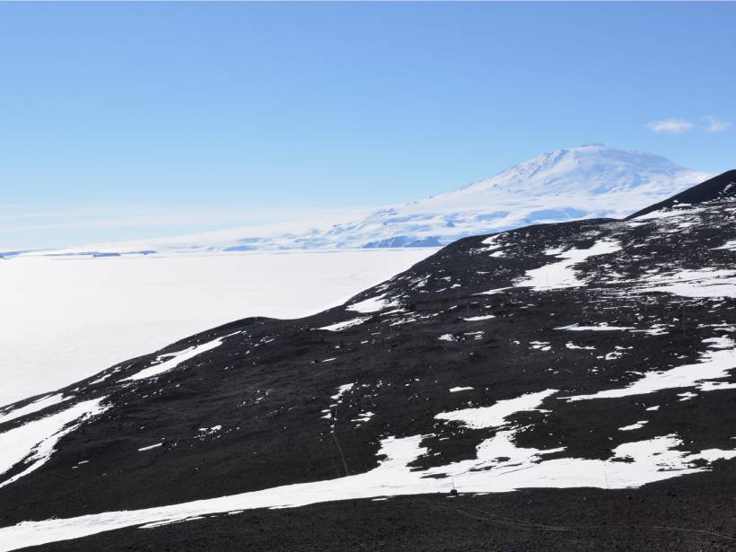 A rocky hillside in Antarctica with snow-covered Mount Erebus in the background