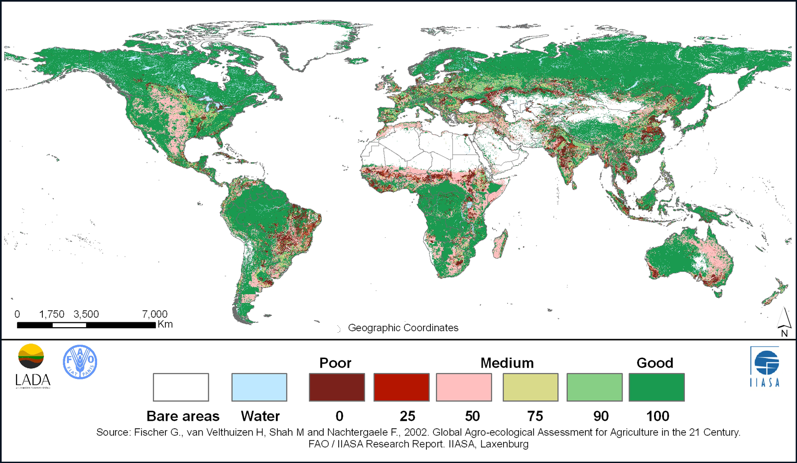 Map of the world color coded by relative soil health