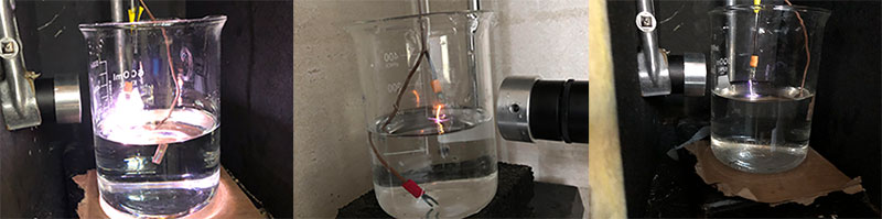 Three photos of beakers containing water of varying salinities, with sparks of visibly different brightness. Three photos of beakers containing water of varying salinities, with sparks of visibly different brightness.