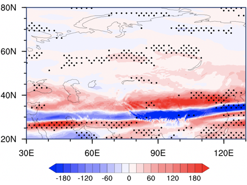 Map of northern Eurasia showing long-term trend of wintertime Turbulence Index 1