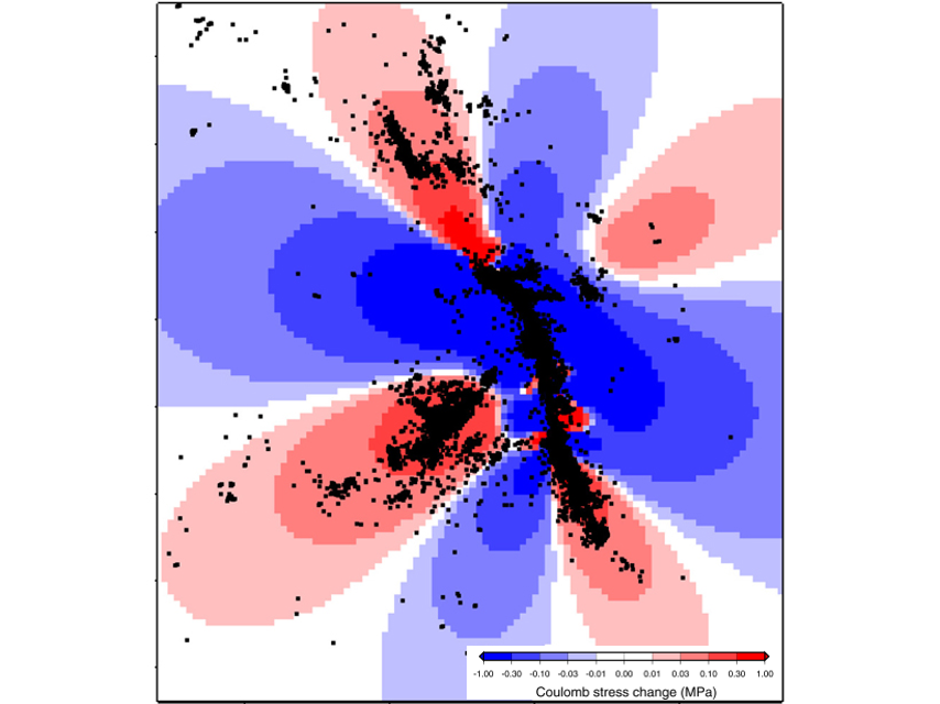 Plot showing aftershocks triggered by the 1992 Landers earthquake in California and Coulomb stress changes
