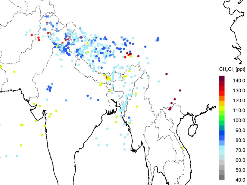 Map of south and southeast Asia showing the near-surface origins of ‘fast’ airmass trajectories connecting the surface and the upper troposphere/lower stratosphere
