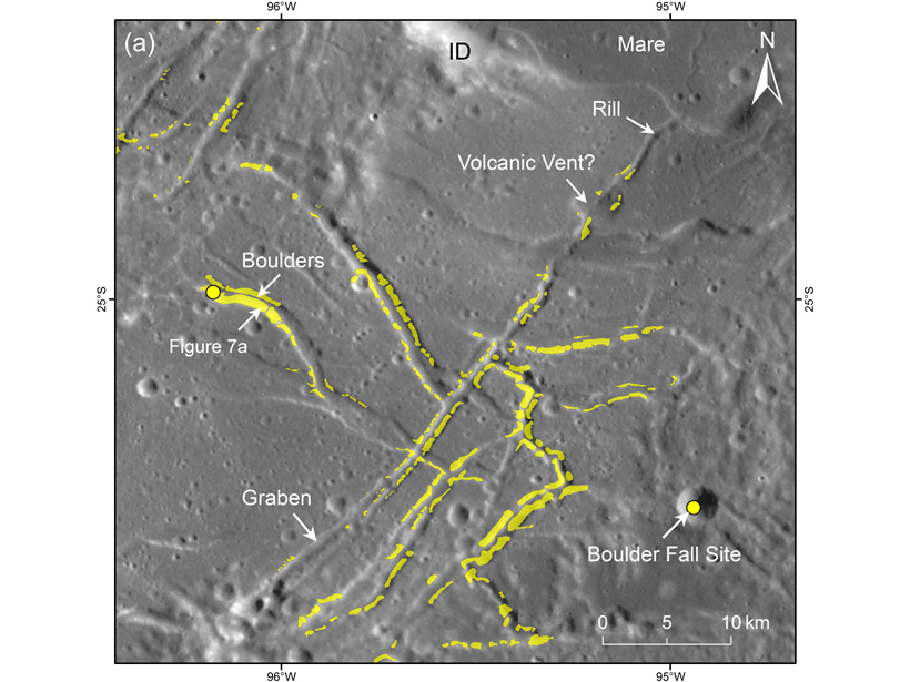 Image of the southern part of the Orientale Basin with yellow patches indicating boulders fields