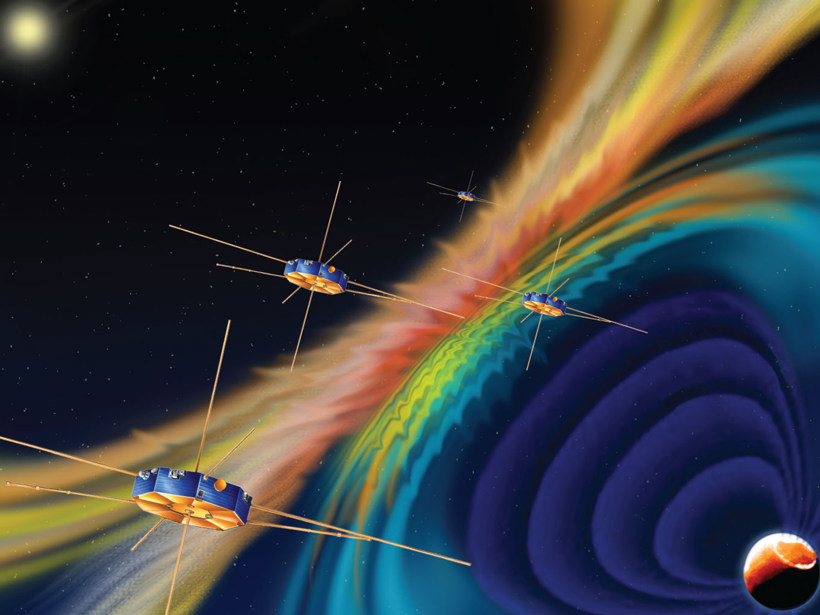 Illustration of the spacecraft of NASA’s Magnetospheric Multiscale mission in space in front of reconnecting magnetic field lines